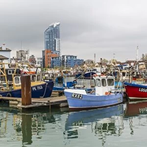A view of the harbour in the port city of Portsmouth, built on Portsea Island, Hampshire