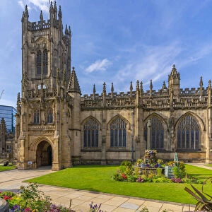 View of Manchester Cathedral from Cathedral Yard, Manchester, Lancashire, England