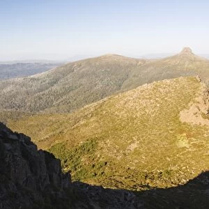 View of Mount Pelion East, 1433m, from Mount Ossa, 1617m, Tasmanias highest mountain on the Overland Track, Cradle Mountain Lake St. Clair National Park, part of Tasmanian Wilderness, UNESCO World Heritage Site, Tasmania