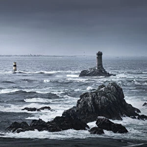 View of the ocean at Pointe du Raz with two lighthouses