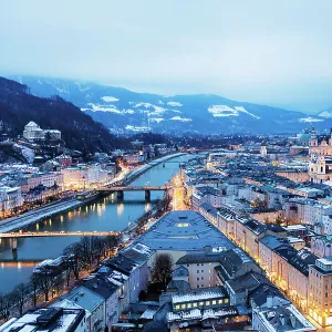 View over the old town, UNESCO World Heritage Site, and Hohensalzburg Castle at dusk