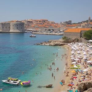 View of Old Town, UNESCO World Heritage Site, and Ploce Beach, Dubrovnik, Dalmatian Coast, Croatia, Europe
