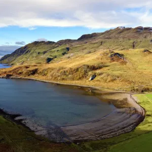 View of the sandy bay Camas nan Geall Sgeir Fhada along the coast and shoreline of Loch Sunart