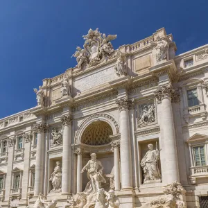 View of Trevi Fountain in bright sunlight, Piazza di Trevi, UNESCO World Heritage Site