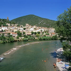 Village on the Orb River, Roquebrun, Herault department, Languedoc-Roussillon, France