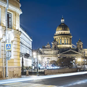 Voznesensky Avenue and exterior of St. Isaacs Cathedral at night, UNESCO World