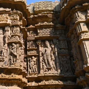 Wall of ornately carved Modhera Sun temple, built in 1026 by Bhima of Chaulukya dynasty