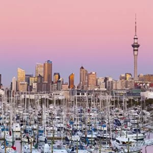 Westhaven Marina & city skyline illuminated at dusk, Waitemata Harbour, Auckland, North Island, New Zealand, Australasia