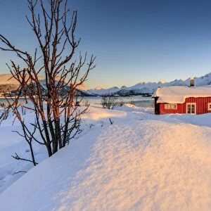 The winter sun illuminates a typical Norwegian red house surrounded by fresh snow
