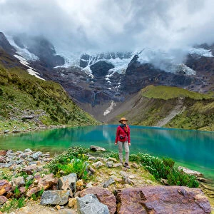 Woman trekking Humantay Lake, Cusco, Peru, South America