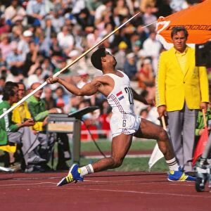 Daley Thompson throws the javelin at the 1980 Moscow Olympics