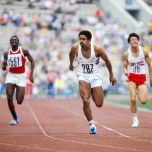 Daley Thompson wins the 100m during the mens decathlon at the 1980 Olympics