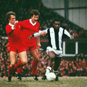 West Broms Laurie Cunningham evades Liverpools Phil Neal and Graeme Souness