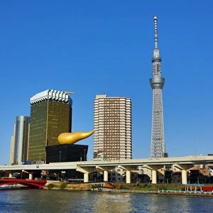 General view of the city skyline of Asakusa with the Tokyo Skytree Tower and the Asahi Beer Headquarters and gold flame building, Tokyo, Japan