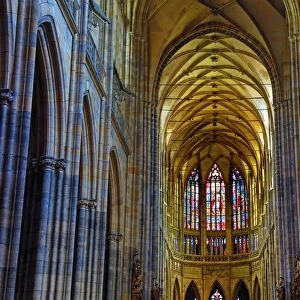 Stained glass windows of St. Vitus Cathedral in Prague, Czech Republic
