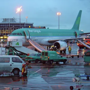 Airbus A320 Aer Lingus at Dubin Airport with evacuation slides deployed and fire service