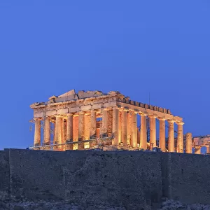 The Acropolis illuminated by floodlight, Athens, Greece