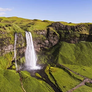 Aerial drone view of Seljalandsfoss waterfall at daytime, Iceland