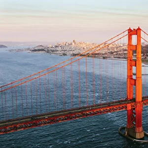 Aerial of Golden gate bridge at sunset, San Francisco, California, USA
