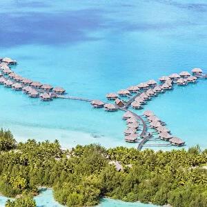 Aerial of overwater bungalows, Bora Bora, French Polynesia