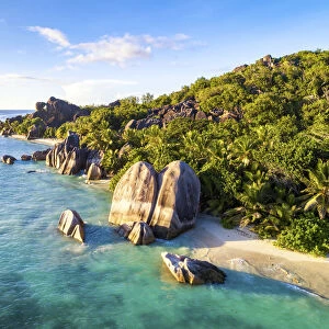 Aerial view of Anse Source d Argent beach at sunset, La Digue island, Seychelles, Africa