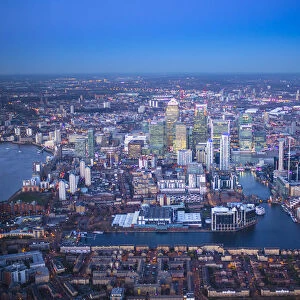 Aerial view over Canary Wharf, Isle of Dogs, London, England