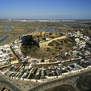 Aerial view of Castro Marim and the 13th century castle, Algarve, Portugal