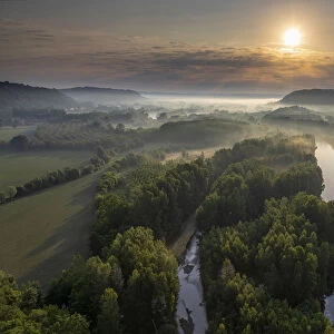 Aerial view of the Dordogne Valley & Dordogne river at sunsrise, Lot, Midi-Pyrenees