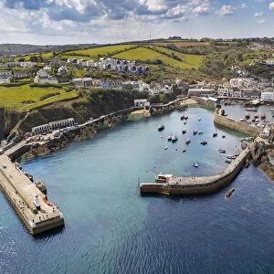 Aerial view of Mevagissey harbour on a sunny spring day, Mevagissey, Cornwall, England