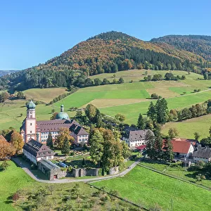 Aerial view at the St. Trudpert monastry, Munster valley, Black Forest, Baden-Wurttemberg, Germany
