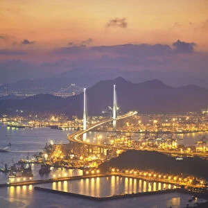 Aerial view of Stonecutters Bridge and Tsing Yi Island, Hong Kong, China