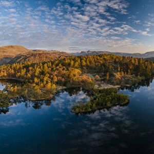 Aerial view over Tarn Hows at dawn, Lake District National Park, Cumbria, England, United Kingdom
