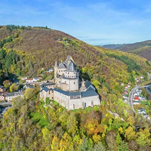 Aerial view at Vianden castle, Vianden, canton Vianden, Our valley, Luxembourg