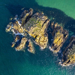 Aerial vista of Cornish coastline at Merope Rocks near Trevose Head, Cornwall, England