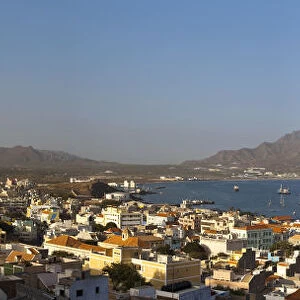 Africa, Cape Verde, Sao Vicente, Mindelo, View of old town and Harbour