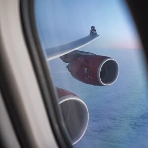 Airbus A340, view out of the window with engine and wing