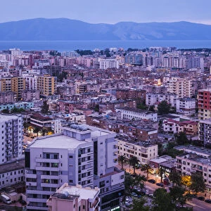 Albania, Vlora, elevated city view, dusk