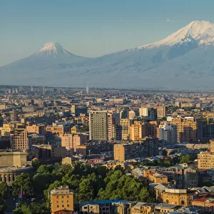 Armenia, Yerevan, The Cascade, high angle view of the city and Mt. Ararat
