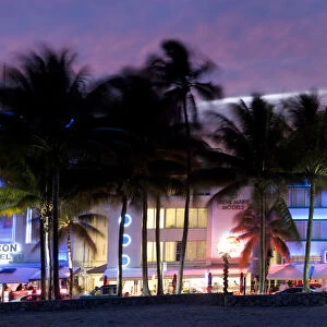 Art deco area with hotels at dusk, Miami Beach, Miami, Florida, USA