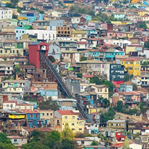 Ascensor Monjas amongst colorful houses, Cerro Monjas, Valparaiso, Valparaiso Province, Valparaiso Region, Chile