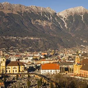 Austria, Tyrol, Innsbruck, elevated view of the Wilten Basilica and the Wilten Abbey