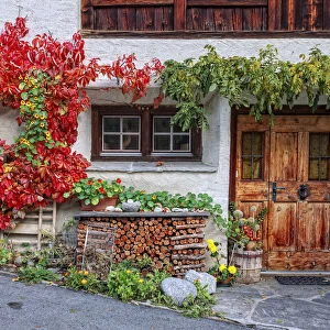 Autumn facade of a house, Coltura, Stampa, Maloja region, Canton of Graubunden, Bregaglia