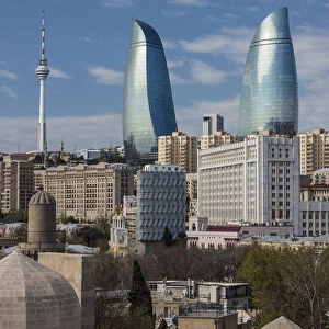 Azerbaijan, Baku, high angle view of Baku Television Tower and Flame Towers