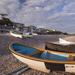 Boats pulled up onto the beach at Budleigh Salterton, Devon, England. Summer (July) 2014