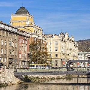 Bosnia and Herzegovina, Sarajevo, Buildings on the banks of the Miljacka River