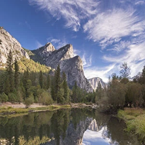 The Three Brothers reflected in the Merced River in Yosemite Valley, Yosemite National