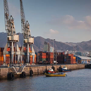 Chile, Antofagasta, harbor view with cargo cranes