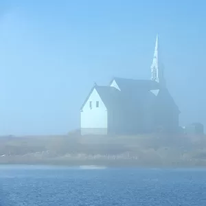 Church in fog on Long Lake Longlac, Ontario, Canada