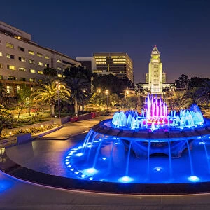 City Hall as seen from Grand Park at Night, Los Angeles, California, USA
