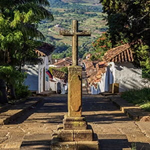 Cross in front of the Santa Barbara Chapel, Barichara, Santander Department, Colombia